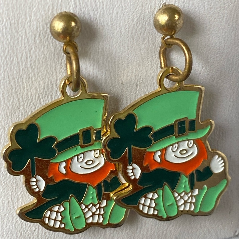 Vintage Leprechaun Earrings - Green and Gold